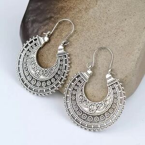 Boho Round Silver Hoop Earrings